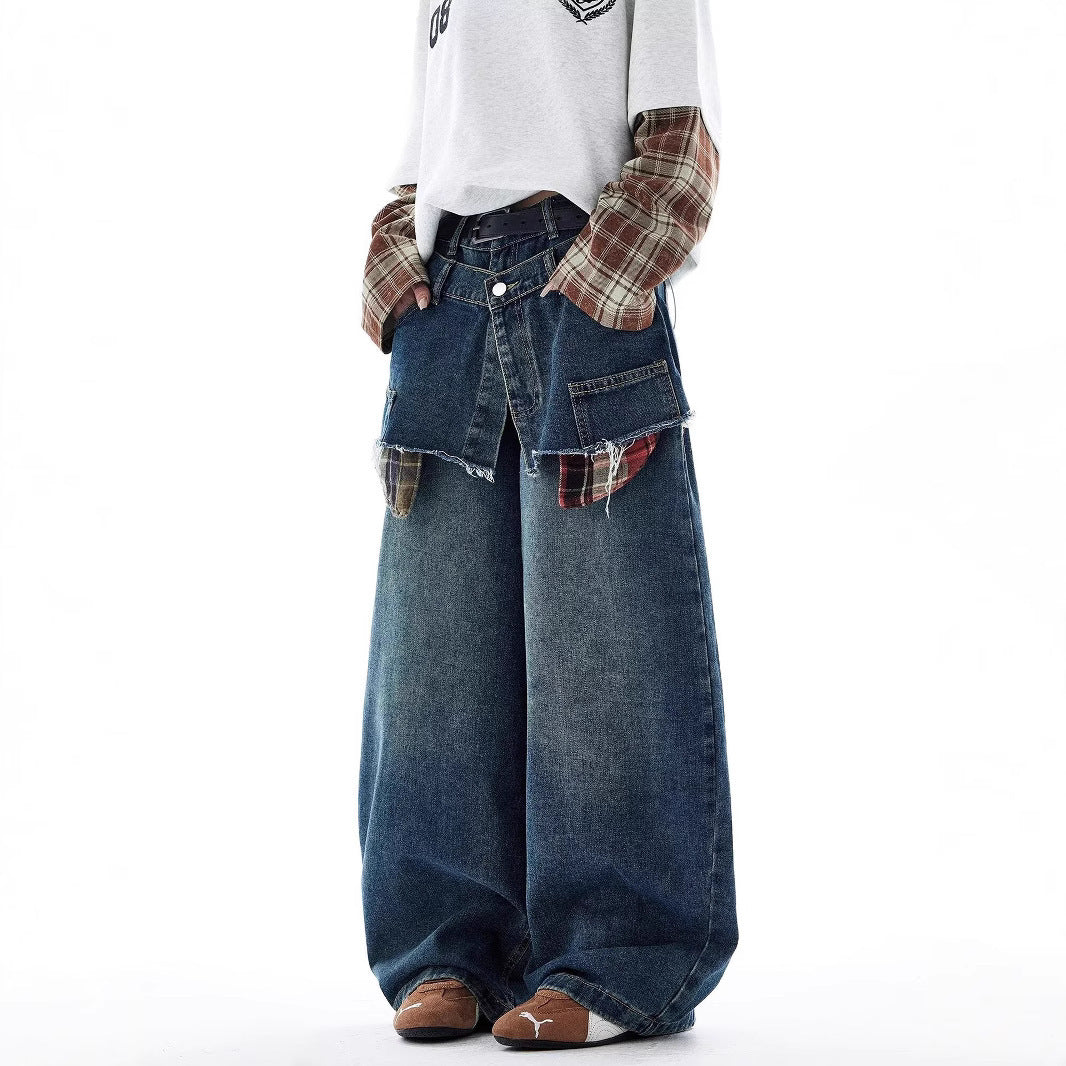 American-style Retro Faux Two-piece Plaid Patchwork Jeans