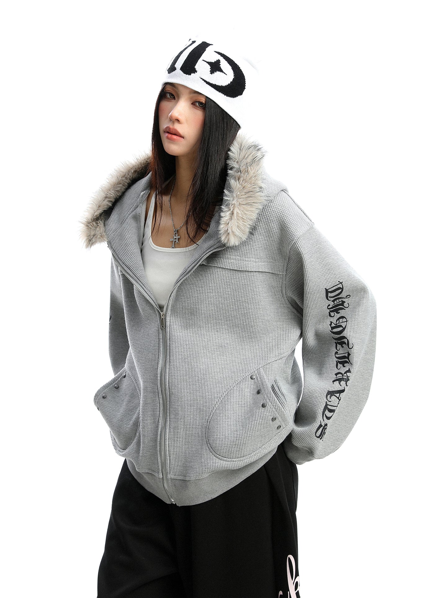 Women's Zipper Cardigan Detachable Fur Collar Sweater