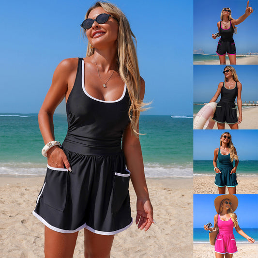 Womens Fashion Solid-Color One-Piece Sports Swimsuit