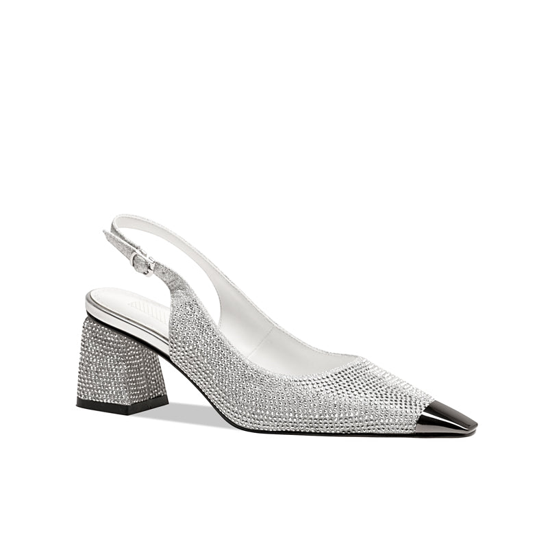Rhinestone Mid-heel Toe Sandals Women's Chunky Heel Buckle