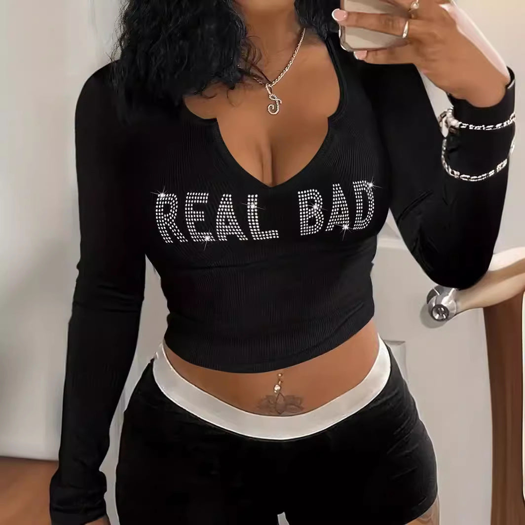 Crop Top Round Neck Long Sleeve Short Women's