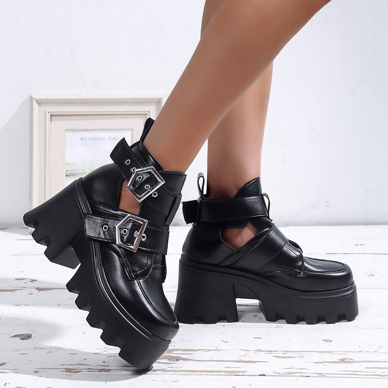 European And American Chunky Heel Platform Women's Belt Buckle Chain Fashion Boots