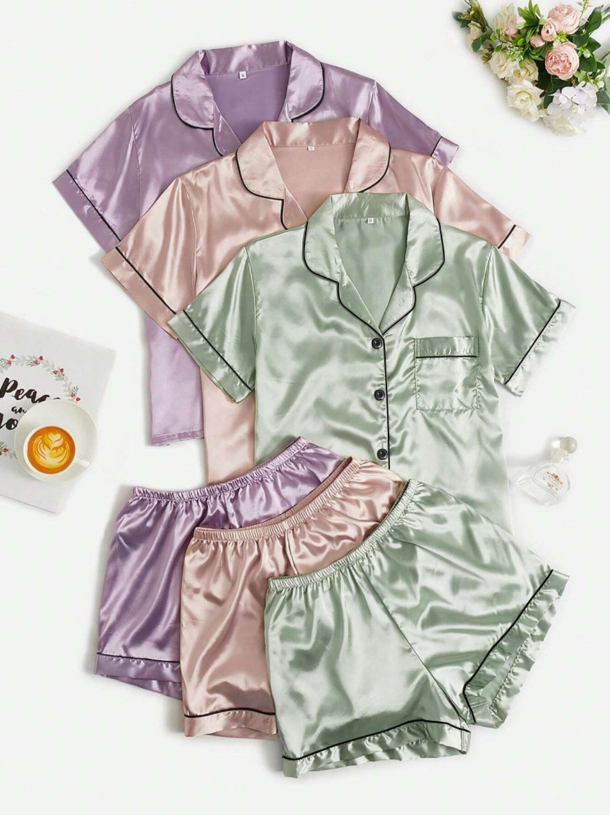 Short-sleeve Satin Three-piece And Six-piece Pajama Sets