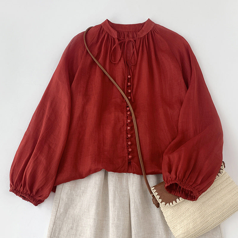 Women's Loose Cotton And Linen Single Row Button Tied Shirt