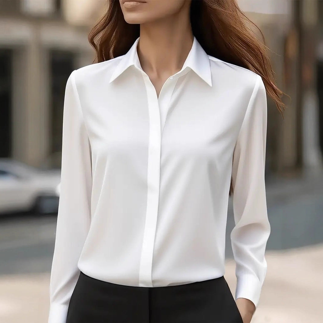 Solid Color Long Sleeve Lapel Satin Blouse
