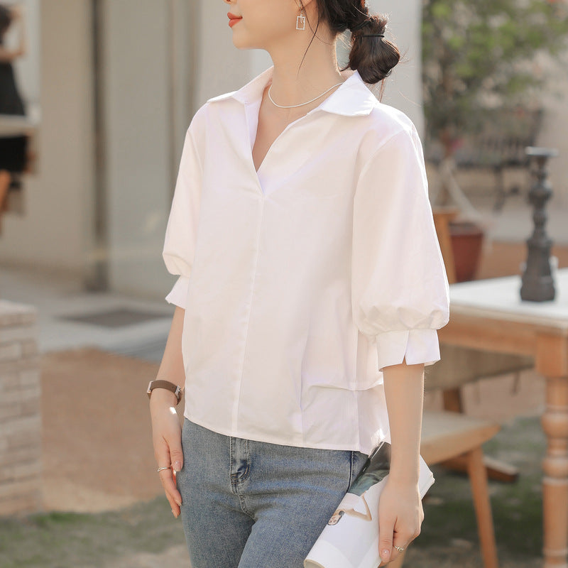 Idle Style Lapel White Shirt Casual V-neck Loose Lantern Sleeve