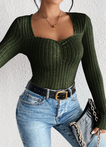 Front Pleated Slim Knit Base T-shirt