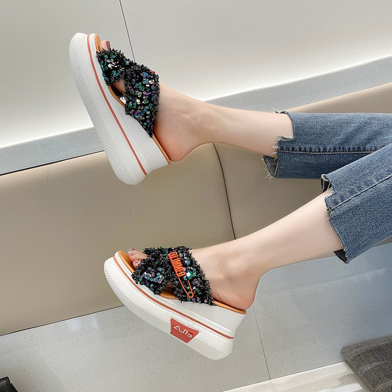 Fashion Sequined Sponge Cake, Thick-soled Crossover, Wedge Heel Sandals And Slippers