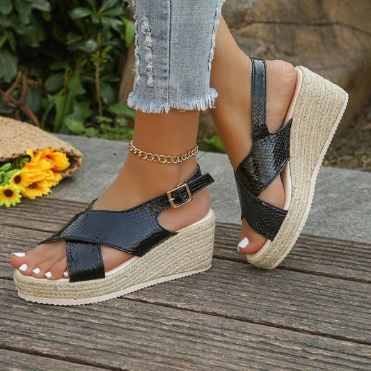 Hemp Rope Shoes Wedge Platform Snake Pattern Fish Mouth Sandals