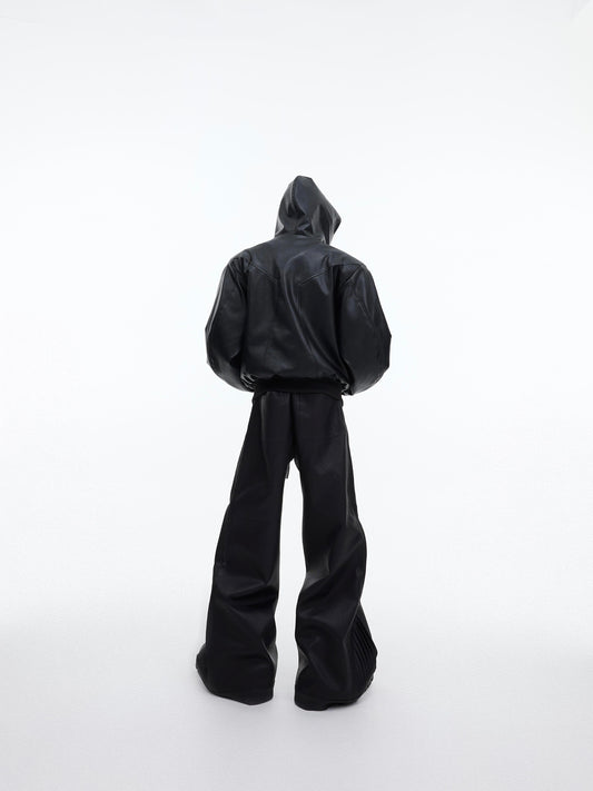 Zipper Hooded PU Leather Coat Loose Machete Sleeve Design Jacket
