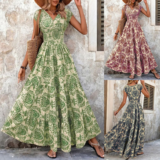 Stylish And Elegant V-neck Short-sleeve Vintage-print Dress