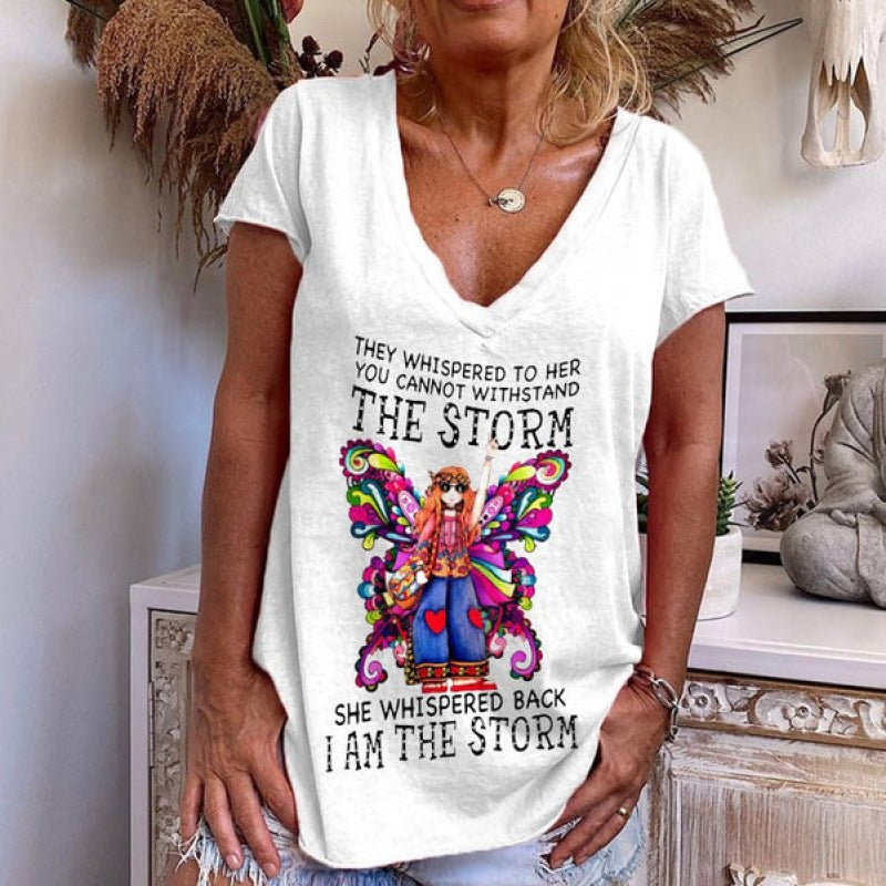 Loose Fashion V-neck Cartoon Digital Printed T-shirt