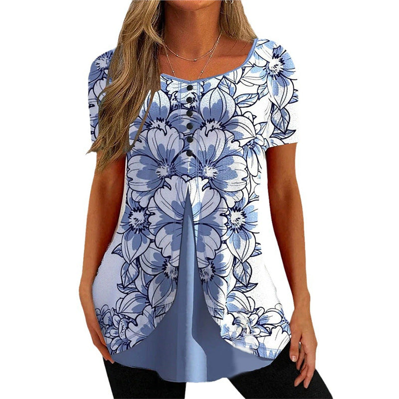 Women's Floral Print Round Neck False Two Pieces Button Short Sleeve T-shirt