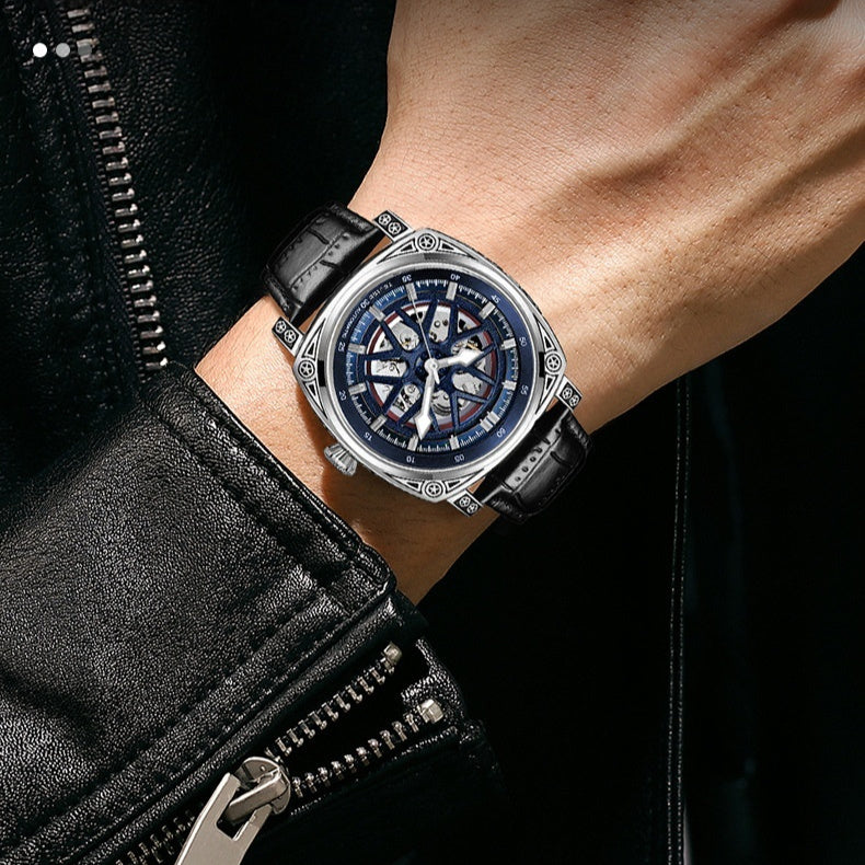 Stainless Steel Automatic Mechanical Men's Leather Belt Watch