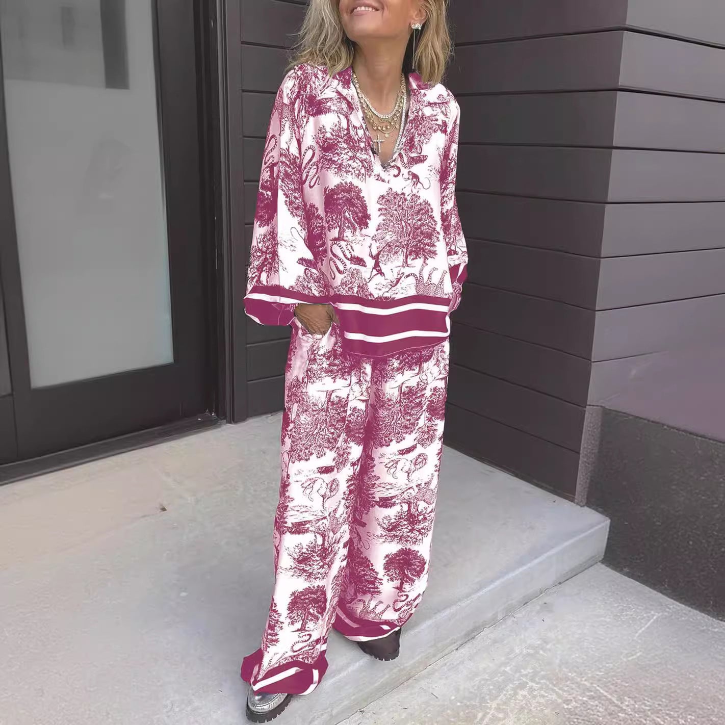 Expert V-neck Printed Long Sleeve Pocket Casual Women's Suit