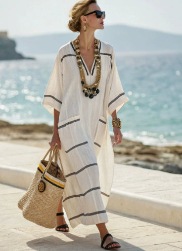 V-neck Short-sleeve Printed Maxi Dress With A Flared Hem
