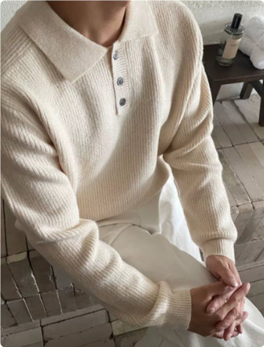 Langærmet Polo med Knapper Ensfarvet og V-hals Business Herresweater