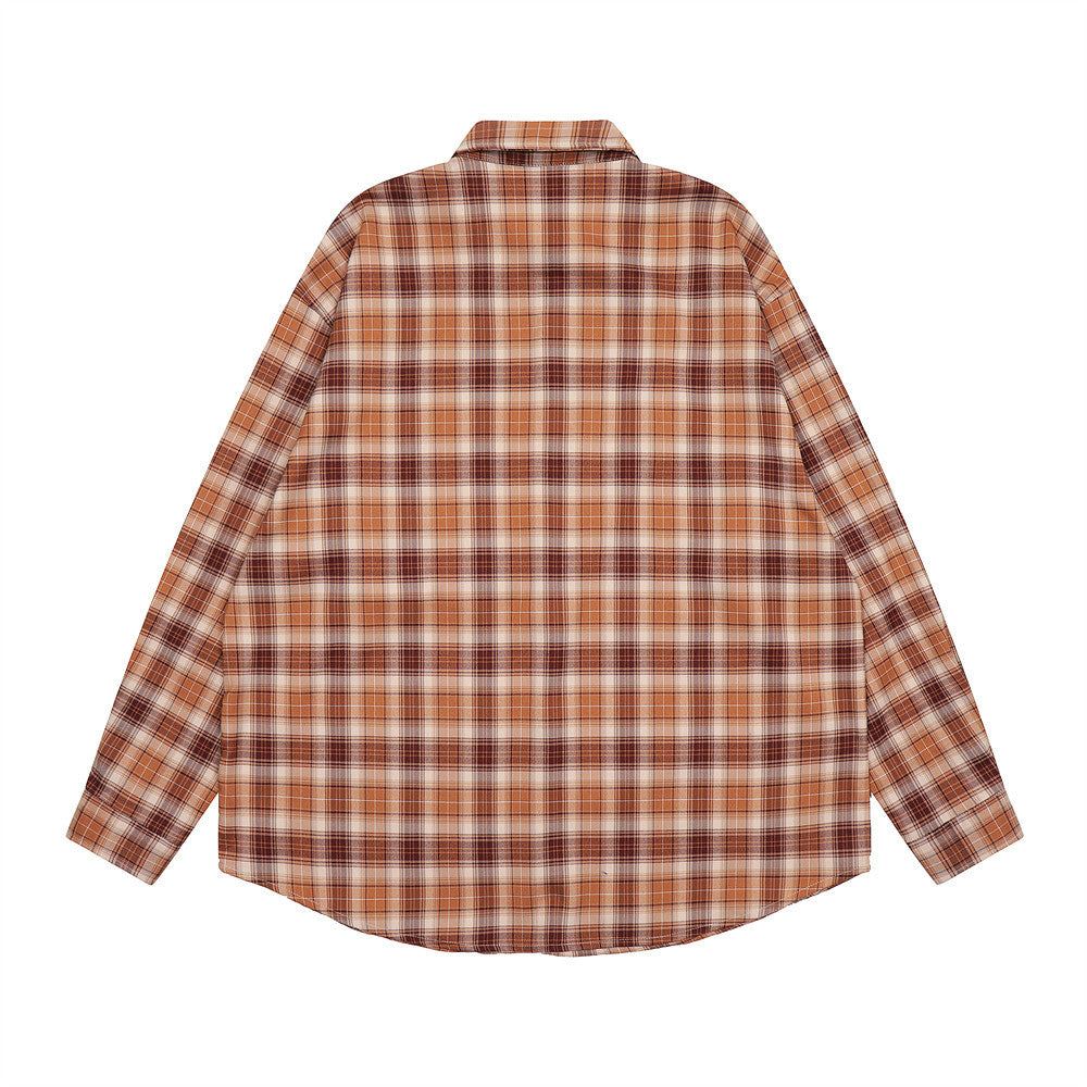 Japanese Retro Plaid Long Sleeve Shirt Men's American Street Fashion
