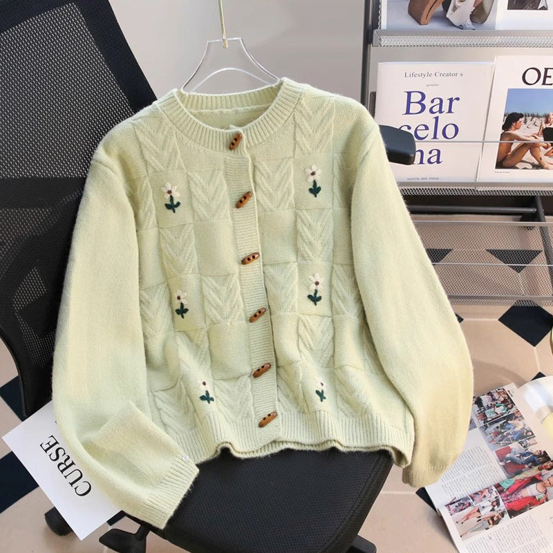 Retro Machine Embroidery Cable-knit Sweater Coat