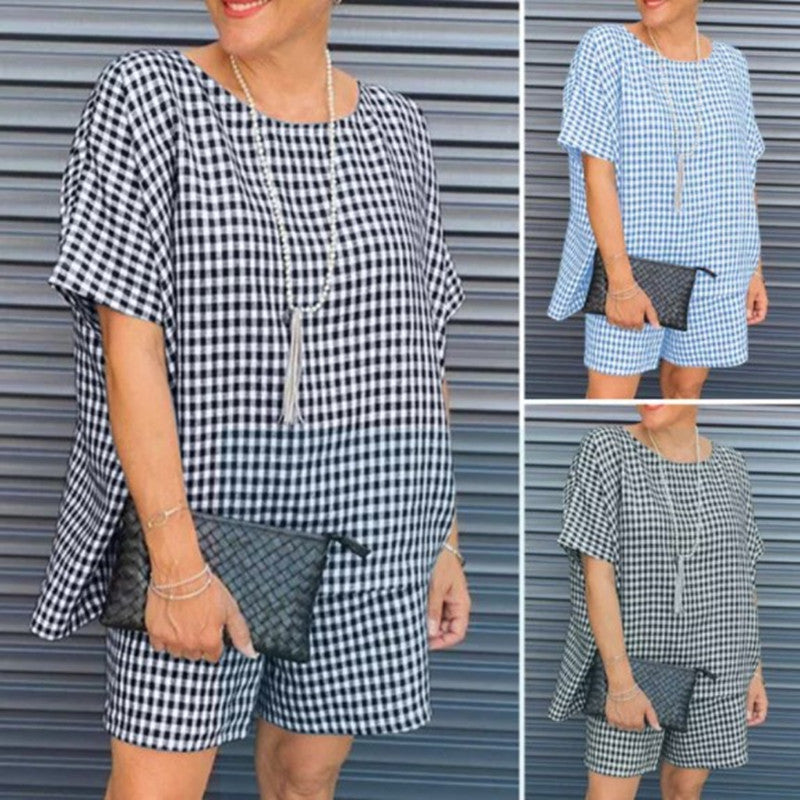 Casual Check Crew Neck Short Sleeve Shorts