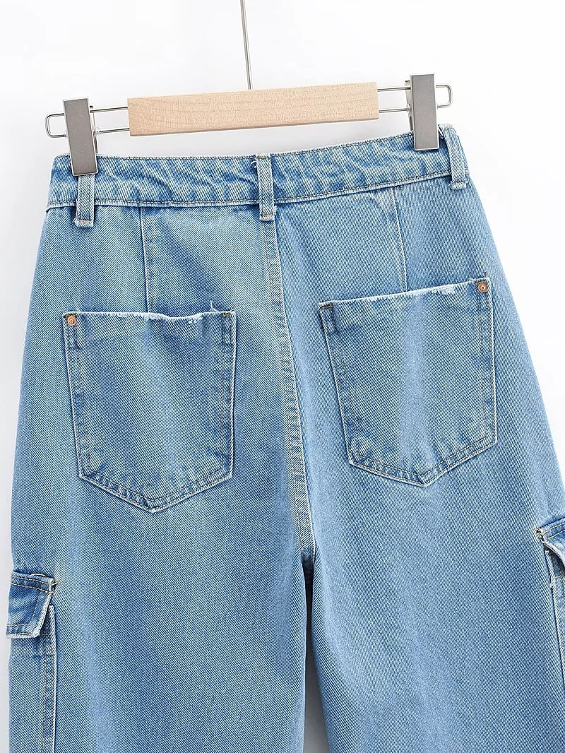 Vaskede Blå Bukser med Lommer Høj Talje Brede Ben Jeans Kvinder Casual Jeans