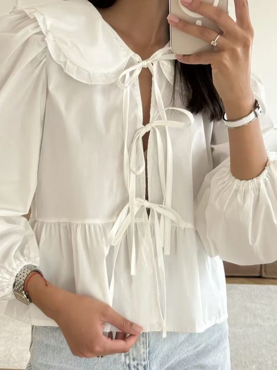 Stylish Work-appropriate White Lace-up Shirt Crafted From Premium Cotton Fabric