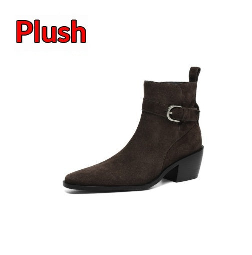 Suede Leather Chunky-heel Autumnwinter Fleece-lined Suede Boots