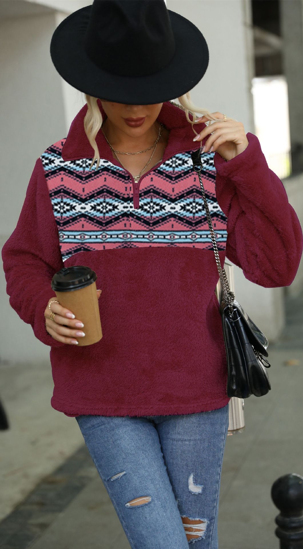 Ladies Loose Pullover Geometric Print Round Neck Plush Sweatshirt