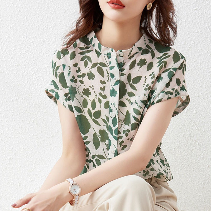 Chiffonbluse, kortærmet blomstret top til kvinder, moderigtig, stilfuld fransk printet bluse, tynd