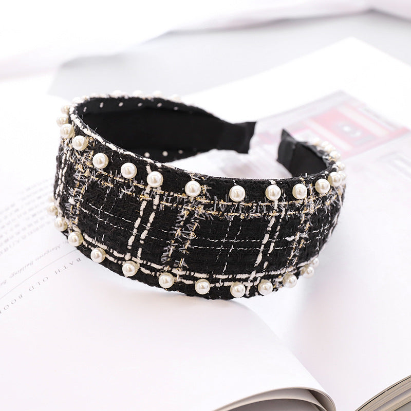 Pearl Headband Classic Ethnic Plaid Fabric