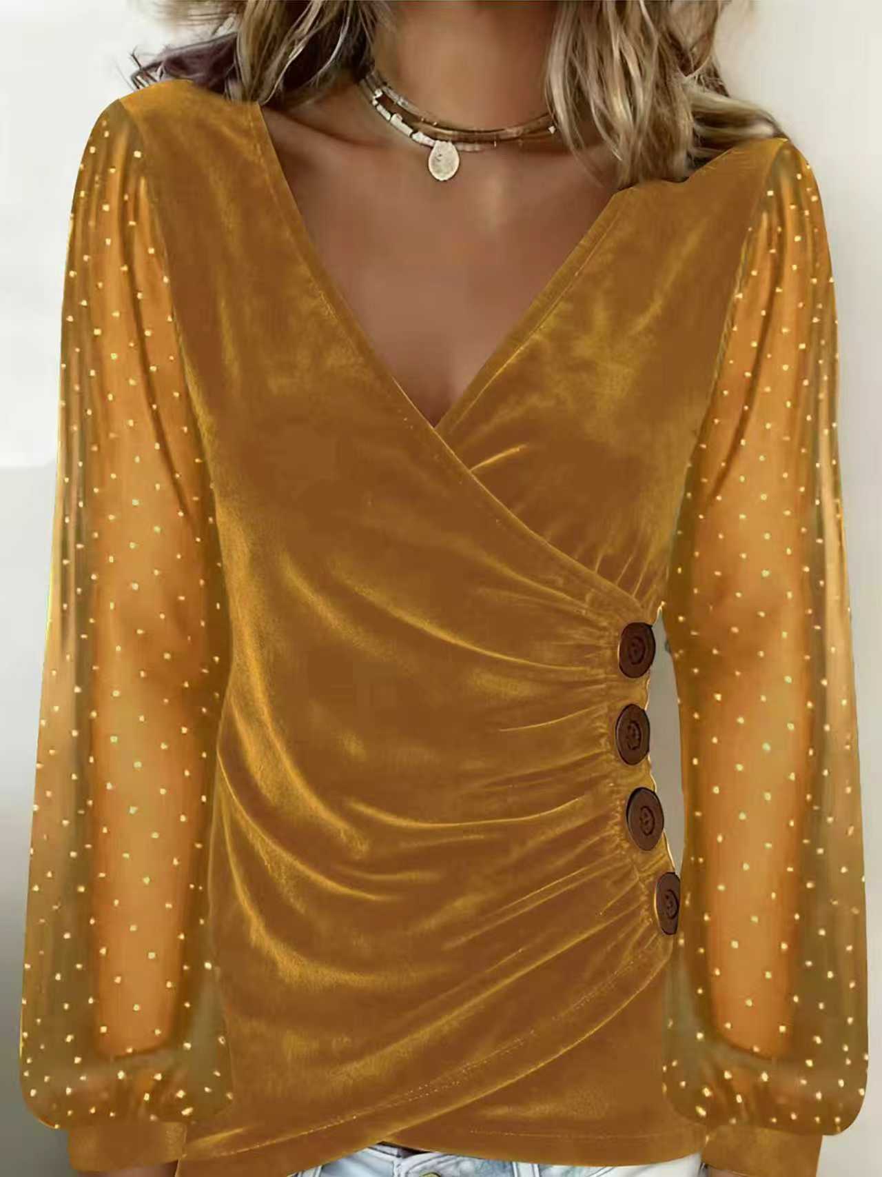 Drilled Rhinestone Velvet Slim Fit Long Sleeve T Shirt