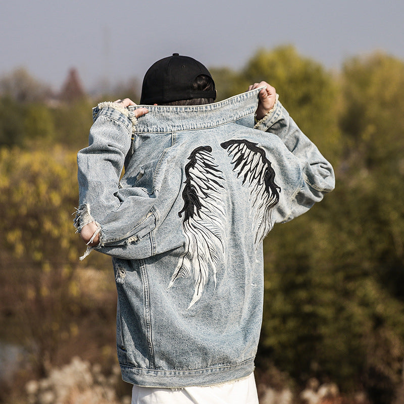 Wings Three-dimensional Embroidery Broken Holes Washed Youth Fashion Trend Denim Clothes