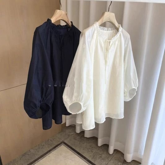 French Retro Lantern Sleeves Slimming Embroidered Women's Shirt