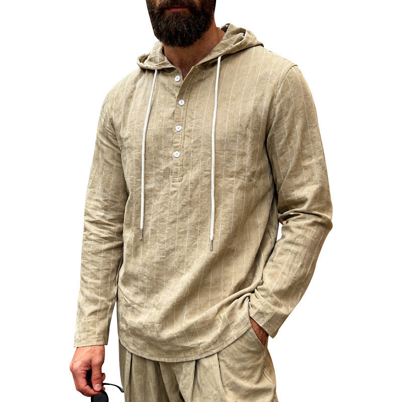 Mens Loose-Fit Casual Long-Sleeve Hooded Shirt