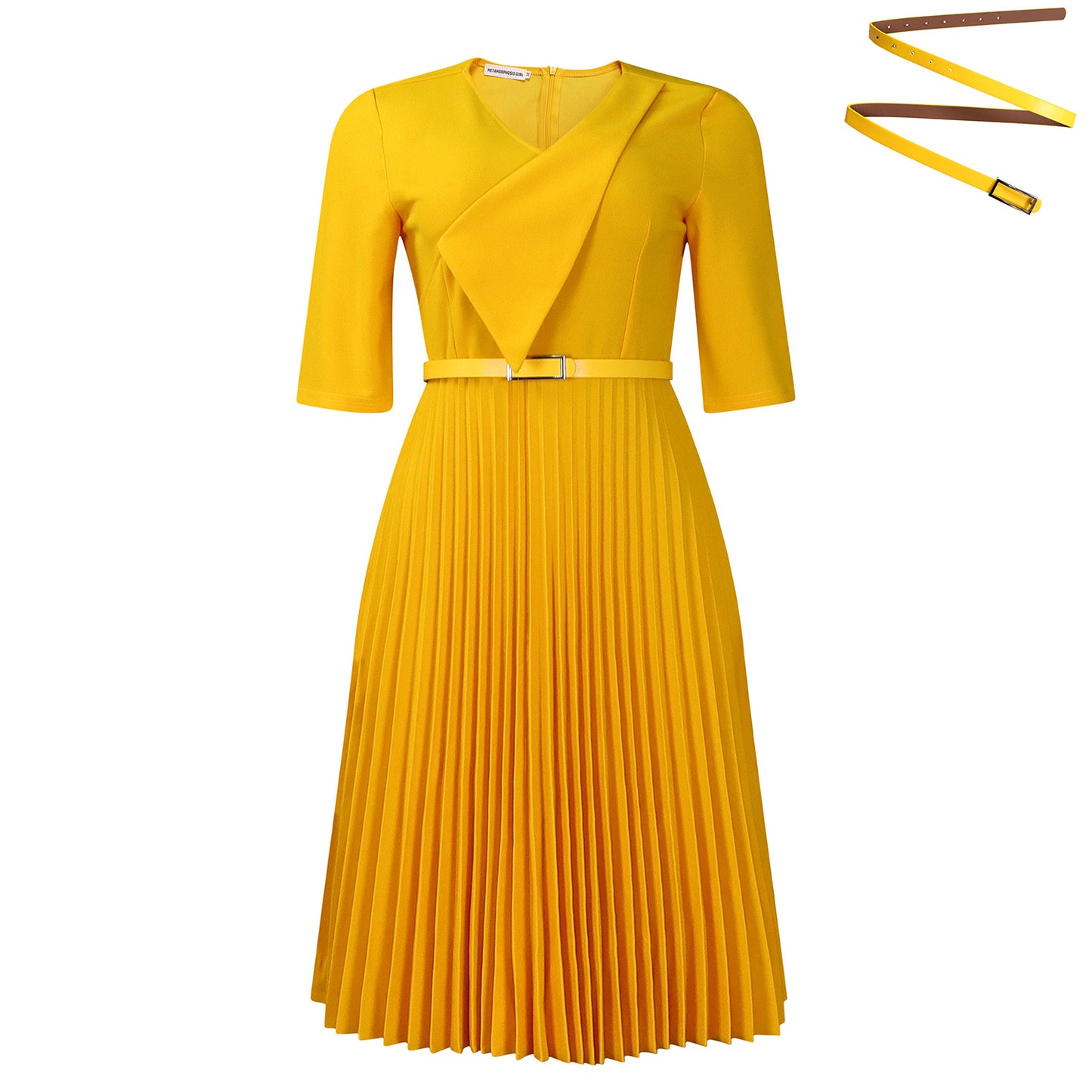 New Stylish Elegant V Neck Solid Color Plus Size Pleated Dress