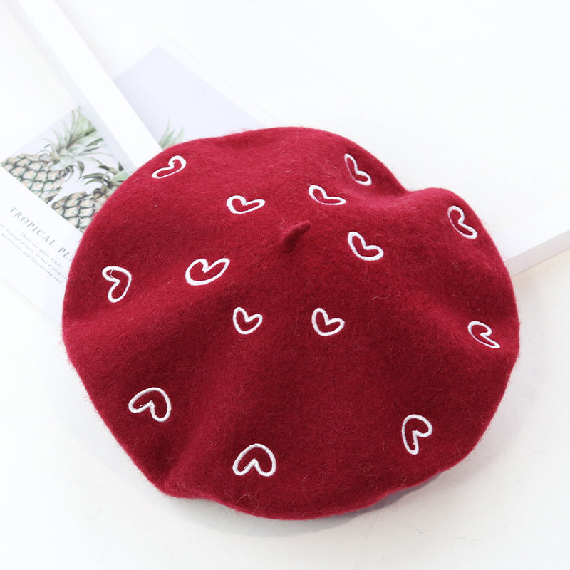 Stitched Ins Style Wool Knit Beret Women's Embroidered Hat