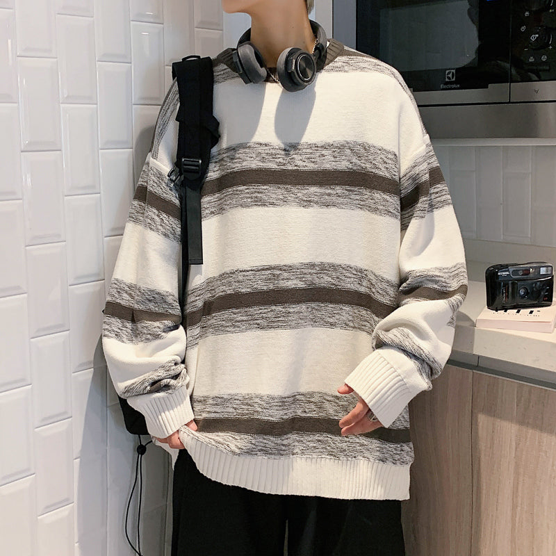 Striped Sweater New Round Neck Tide Lazy Hong Kong Style Sweater Jacket Men