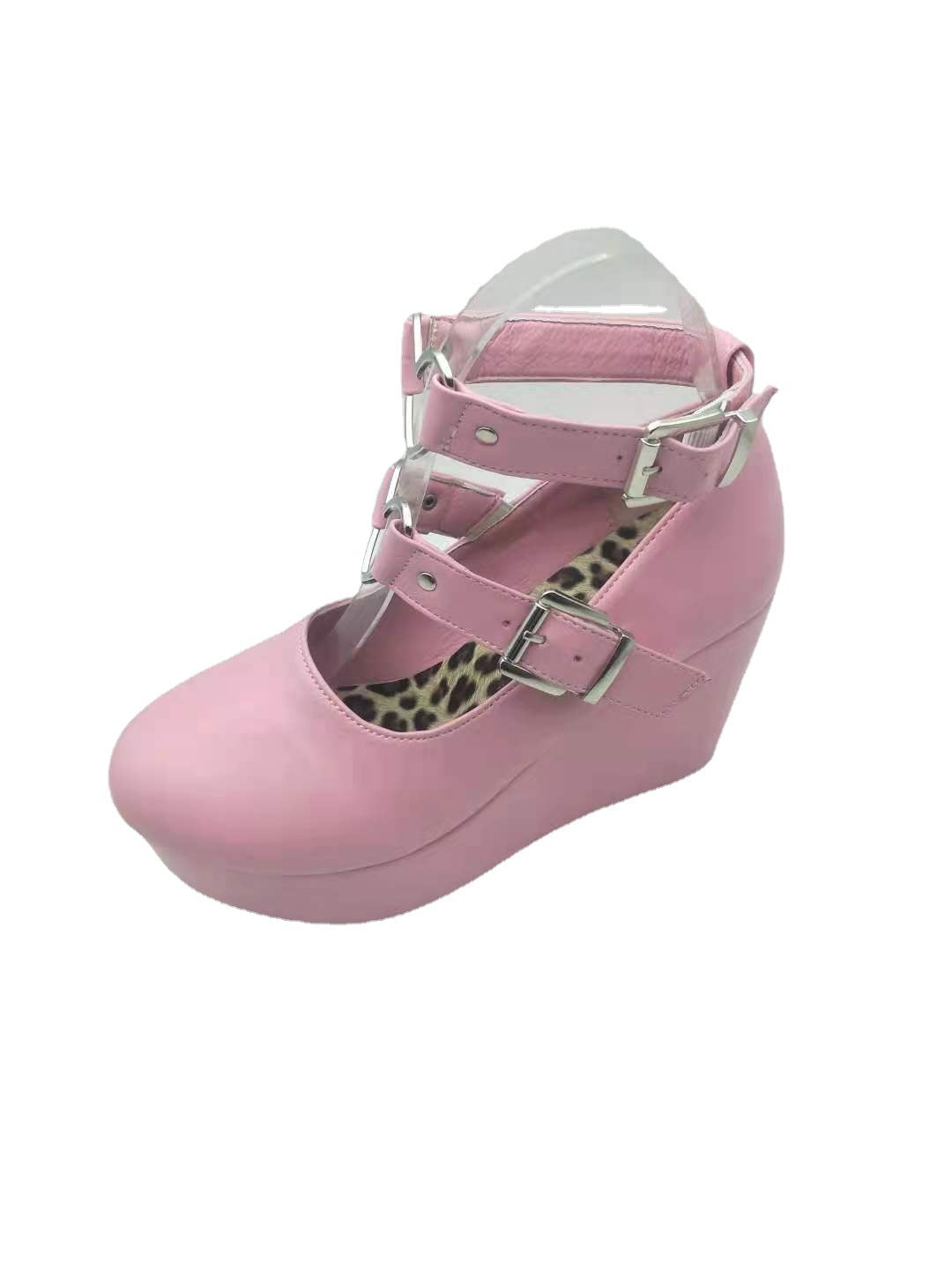 Round Toe Wedge With Solid Color Buckle Large Size Leather Shoes