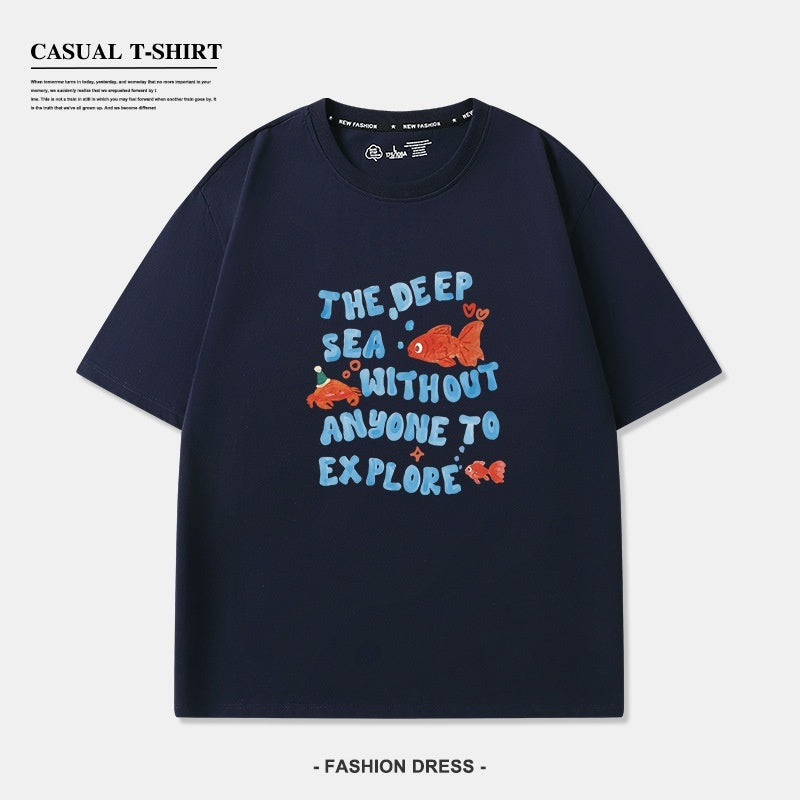 Cute Goldfish Printed Short Sleeve White Cotton T-shirt