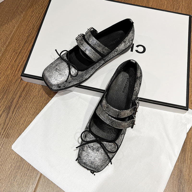 Women's Genuine Leather Silver Mary Jane Shoes Square Toe Vintage Flat Shoes