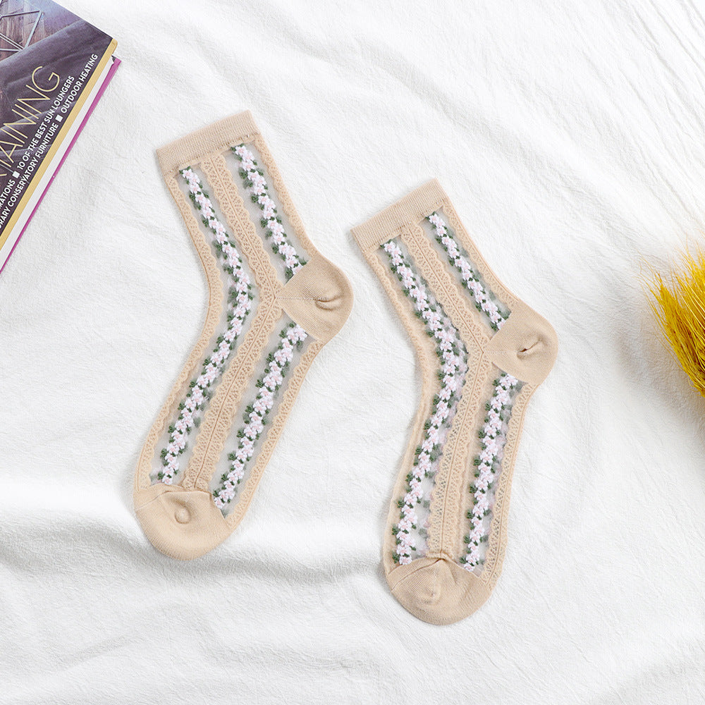 Women's Mid-calf Ins Fashionable Small Floral Transparent Spun Glass Summer Thin Stockings