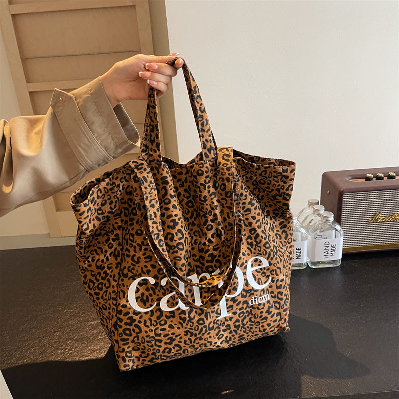 Unique One-shoulder Leopard Print Large Capacity Canvas Bag
