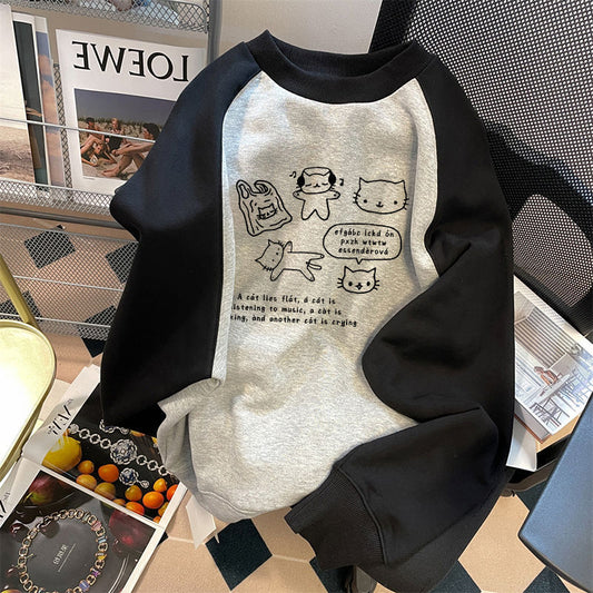 Japansk Sødt Trykt Patchwork Rundhalset Sweatshirt