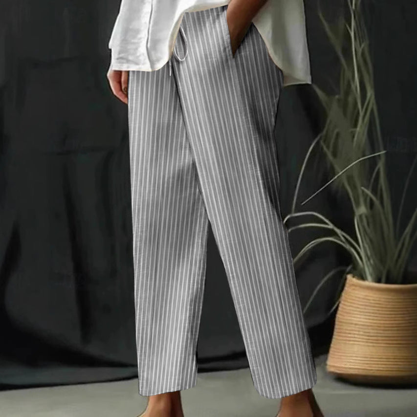 Casual Homewear Pants New Striped Solid Color Cotton And Linen Loose Trousers
