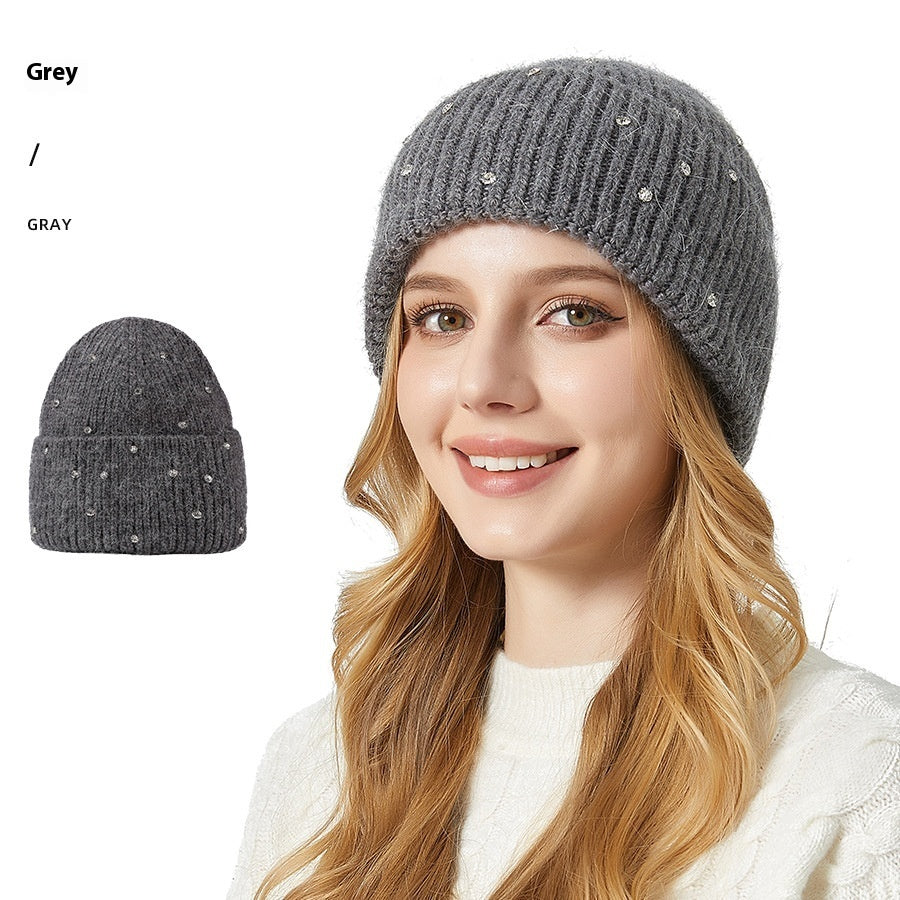 Exquisite Rhinestone Angola Rabbit Fur Hat Thickened Elastic Knitted Hat
