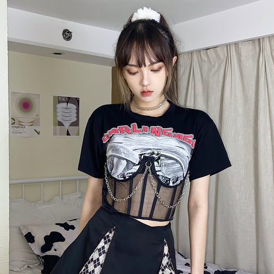 Metal Kæde Mesh Print Fake Todelt Punk Croptop