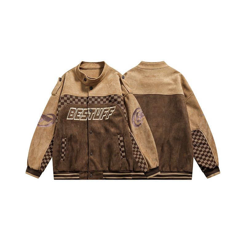 Hip-hop All-match Plaid Stitching Stand Collar Jacket Cardigan