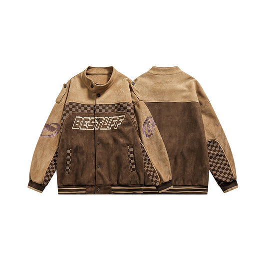 Hip-hop All-match Plaid Stitching Stand Collar Jacket Cardigan