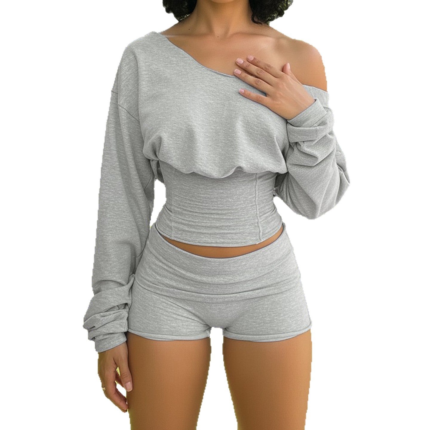 Womens Fashionable Simple Casual Off-Shoulder Long-Sleeve Set