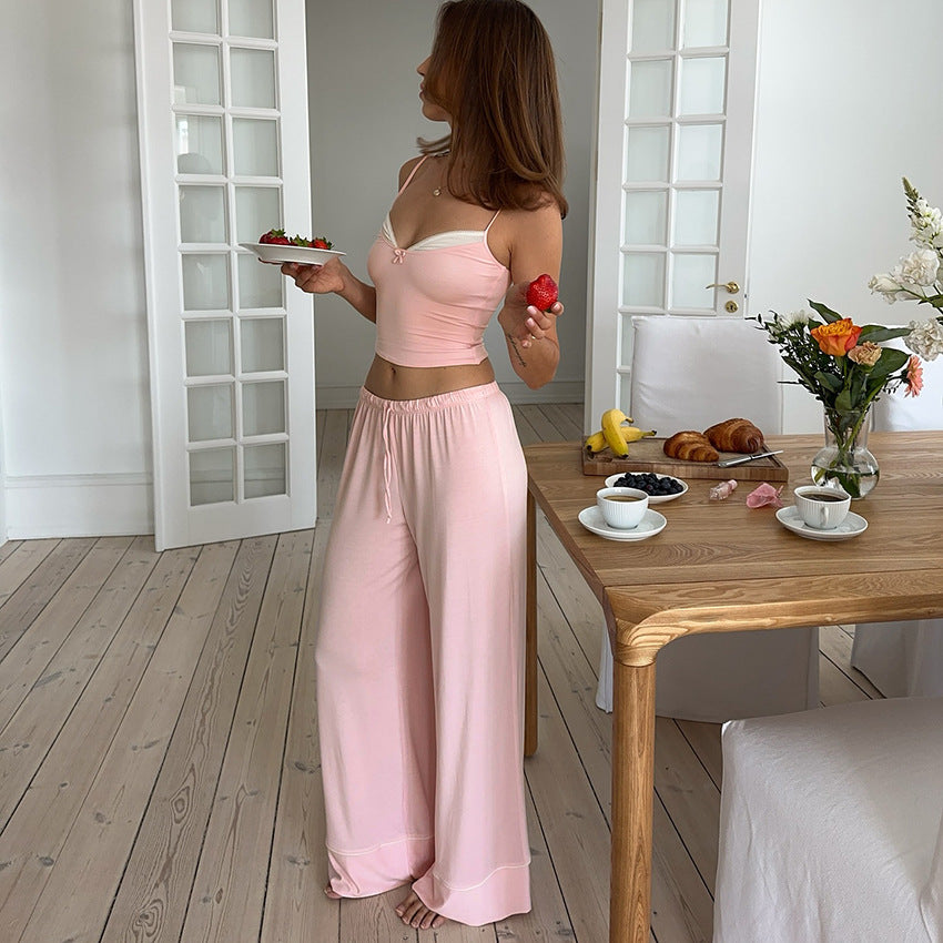 Patchwork Slip-style Long Pants With A Drawstring Waist And Bow Detail Set